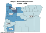 A map of Oregon details what the new minimum wage ($14.75, $13.50 or $12.50 an hour) will be in different sections of the state starting July 1, 2022.