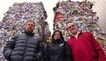 Rogue Waste System's Scott Fowler (left) and Laura Leebrick (center) have nowhere to send about 2,000 tons of baled and stacked of co-mingled recycling.