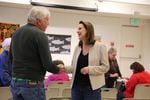 Democrat Carolyn Long meets voters at a town hall in Stevenson, Washington. Long is hoping to unseat incumbent Rep. Jaime Herrera Beutler.