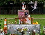 A memorial for June “T-Rex” Knightly, at the corner Northeast Hassalo Street and Northeast 55th Avenue in Portland, April 5, 2023. Knightly died after being shot by Benjamin Smith in 2022. Smith pleaded guilty to second-degree murder and other charges, and is awaiting sentencing. 