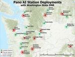 A map of current and planned Pano AI camera stations covering Washington's DNR-managed lands.