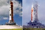 Cette combinaison de photos montre la fusée Saturn V avec le vaisseau spatial Apollo 12 à bord sur la rampe de lancement du Kennedy Space Center en 1969, à gauche, et la fusée Artemis avec le vaisseau spatial Orion à bord au Kennedy Space Center à Cap Canaveral, en Floride, le 18 mars 2022. Le décollage d'Artemis est prévu pour le lundi 29 août 2022. Avec des années de retard et des milliards de dépassement de budget, la nouvelle fusée lunaire de la NASA fait ses débuts lors d'un vol d'essai à enjeux élevés avant que les astronautes ne prennent le dessus.