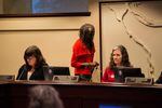 Portland Commissioner Jo Ann Hardesty walks past Commissioners Chloe Eudaly and Amanda Fritz at the Portland City Council meeting Wednesday, Feb. 13, 2019 in Portland, Ore. The council voted to withdraw the city from the FBI-led Joint Terrorism Task Force.