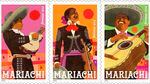 Five postal stamps in a row show designs of mariachi performers.