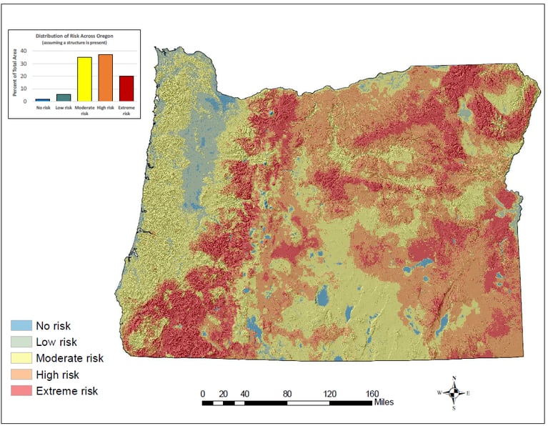 The Oregon Wildfire Risk Explorer map, created by Oregon State University as part of a new wildfire policy directed by Senate Bill 762, outlines wildfire risk at the property ownership level across the state.  Credit: Oregon Wildfire Risk Explorer
