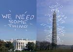 In "Sky Petition City," William Pappenheimer created an app that allows users to write messages above buildings in D.C. for all to read. When someone else writes a new message, the current one is stuck onto the Washington Monument like a giant AR receipt spindle.