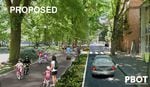 A rendering says "Proposed" and shows a tree-lined park with a wide trail filled with bikes and pedestrians, with only one lane of vehicle traffic and no parking.